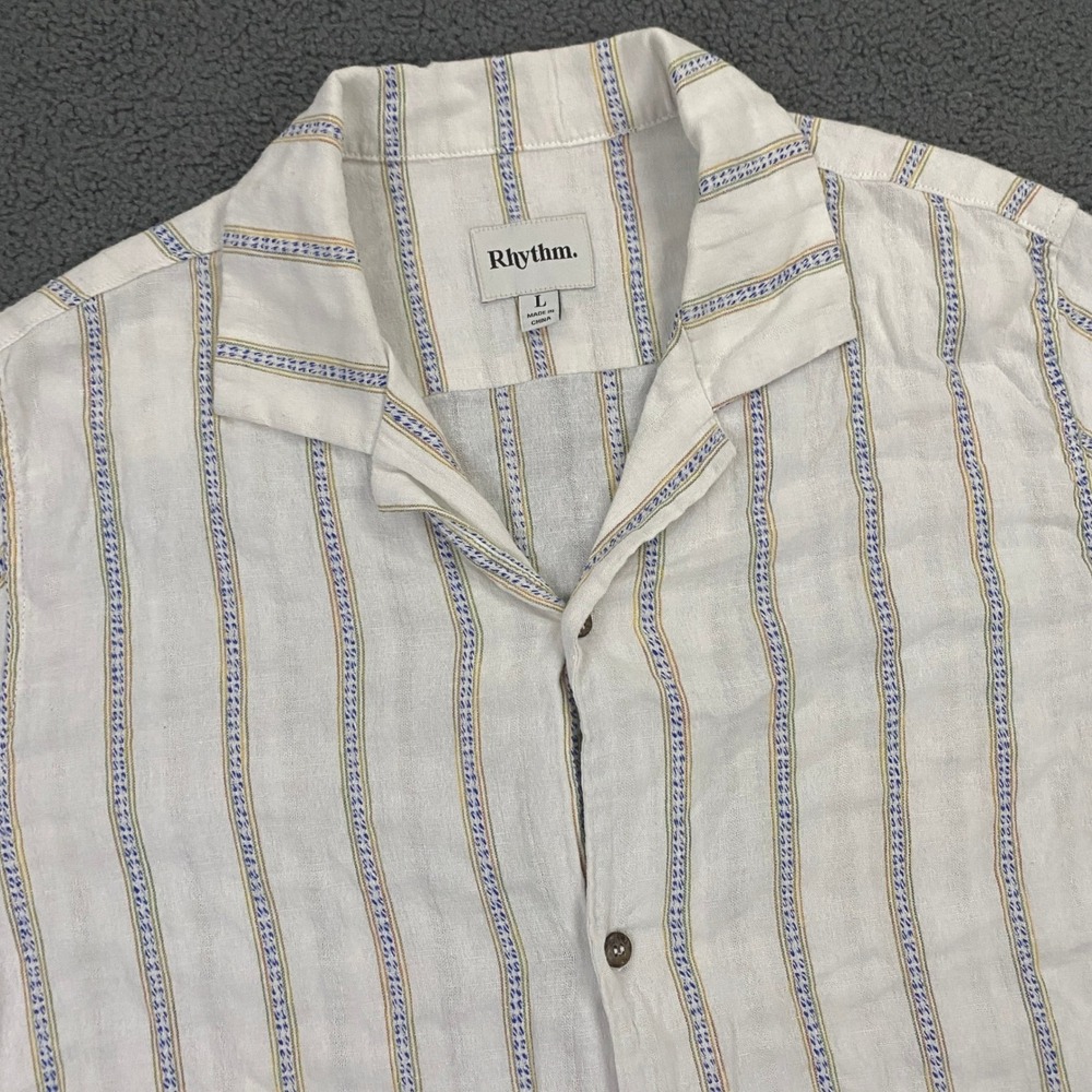 Rhythm Shirt Mens Large White Stripe Camp Collar Cotton Woven Resort Huckberry
